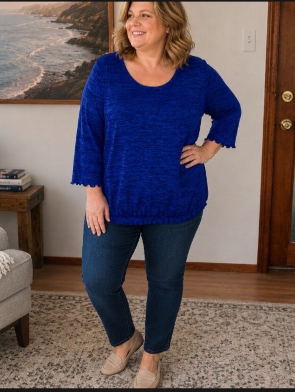 Cha Cha Vente Blue Black Abstract Print Knit Blouse Relaxed Fit NWT Large